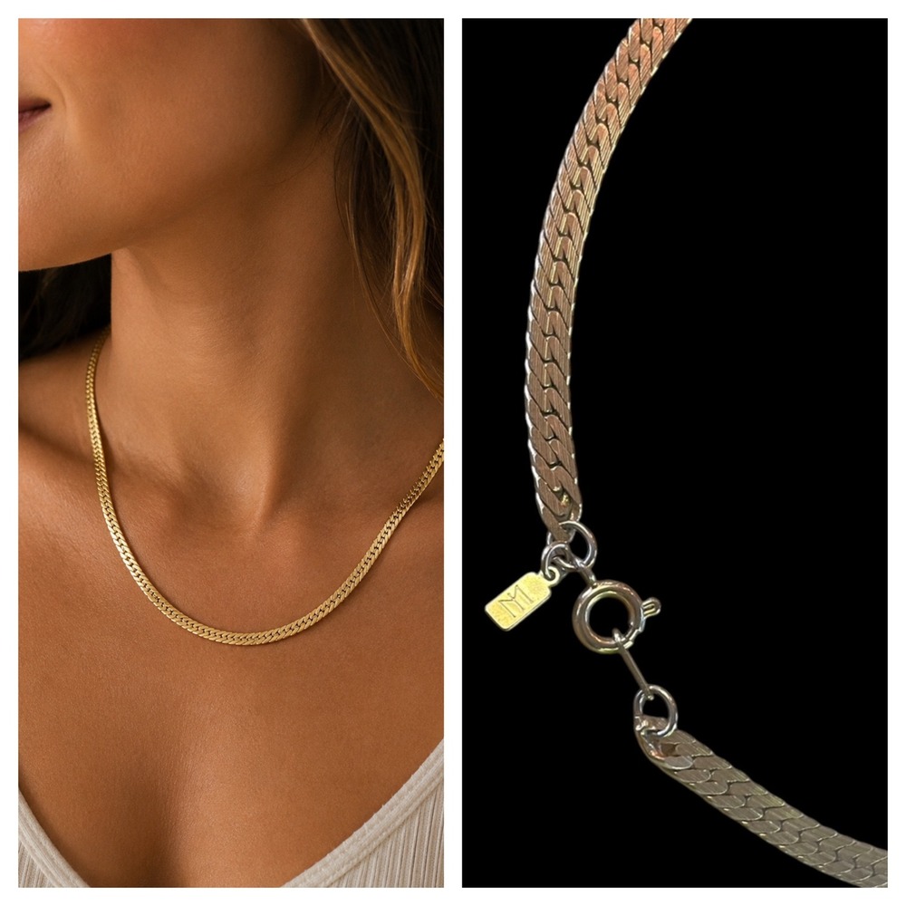 Gold Tone Herringbone Flat Snake Chain Necklace M Logo Tag Liquid Gold Style